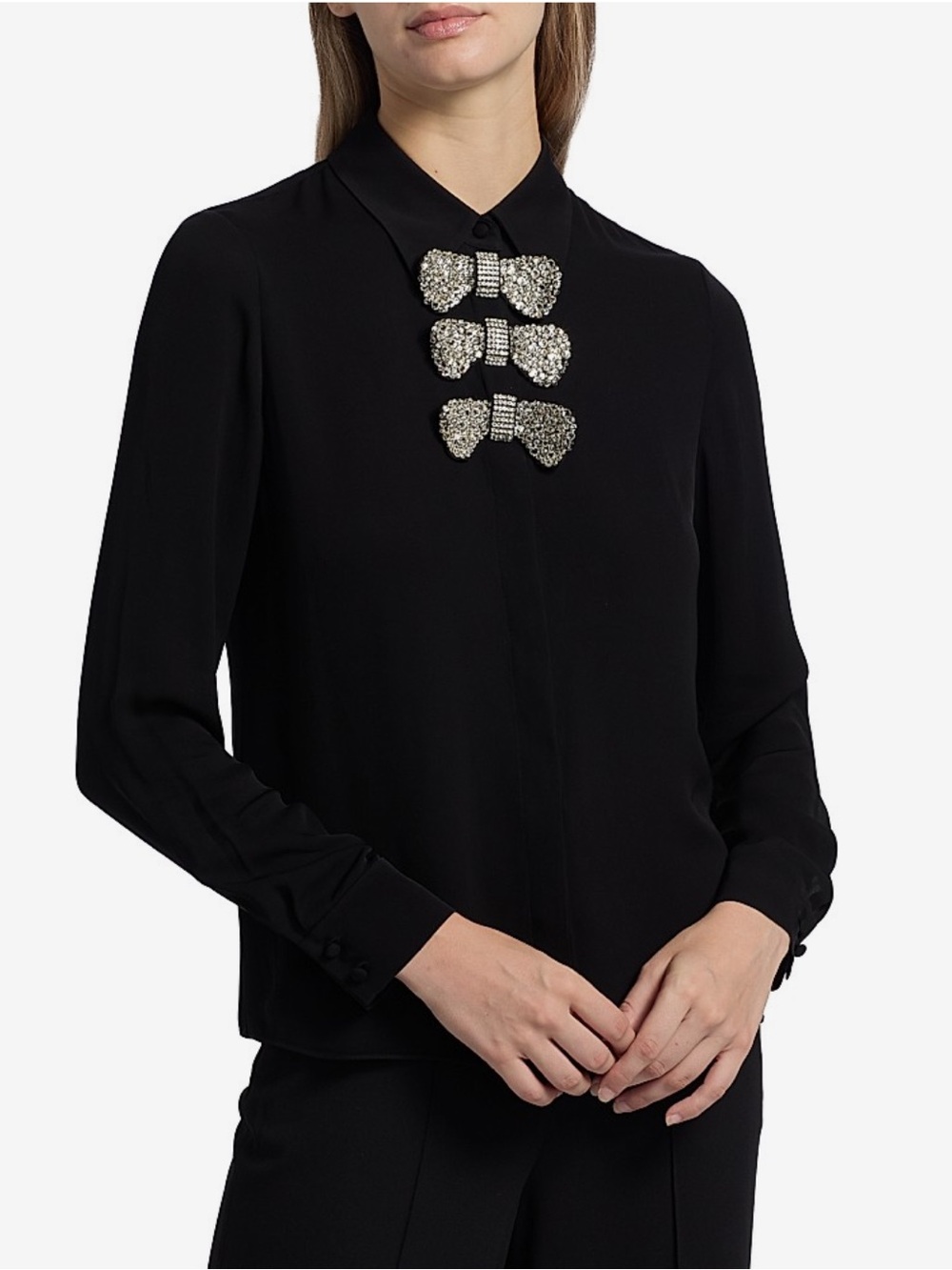NWT Alice + Olivia Willa long-sleeved blouse with crystal-embellished bows